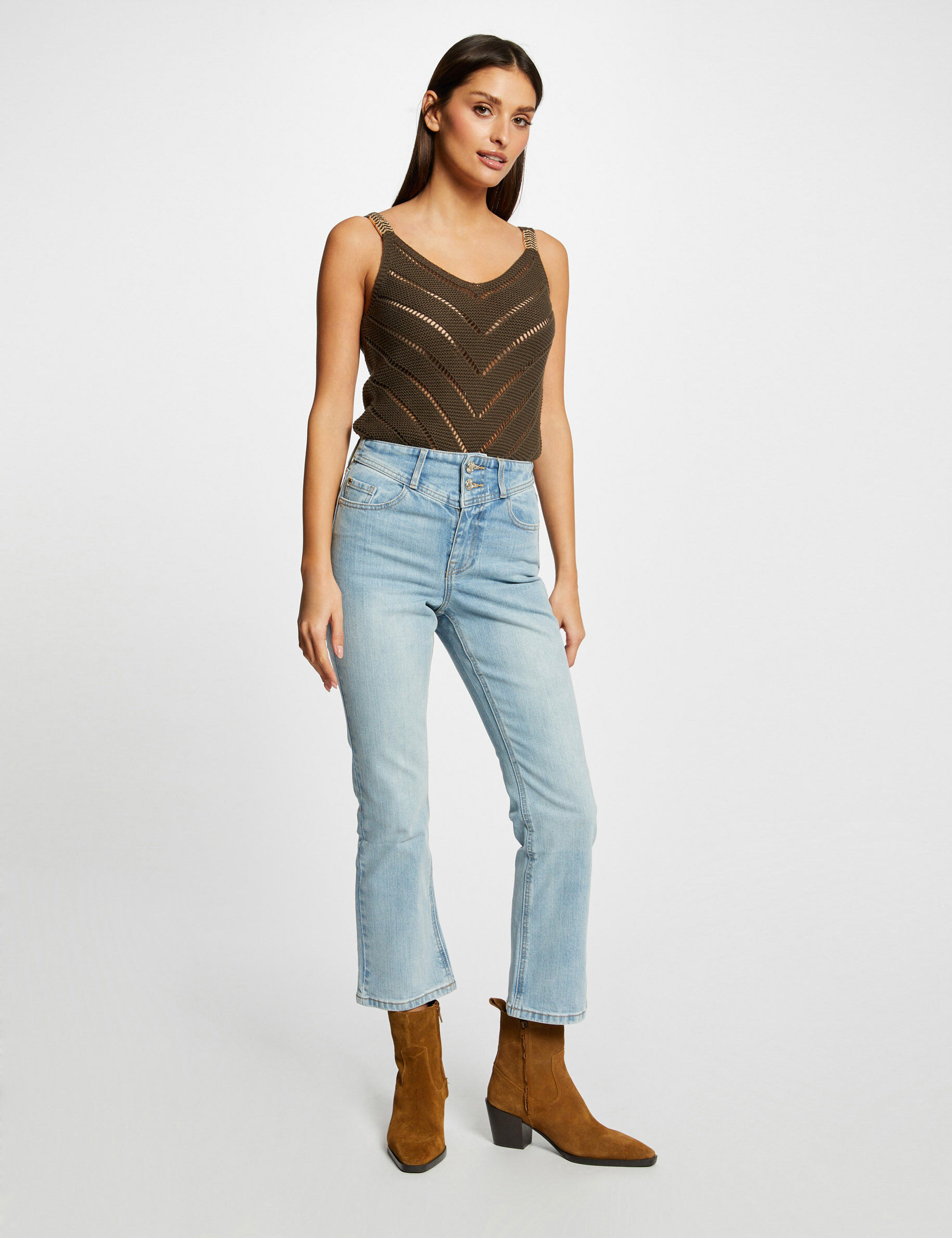Jeans droit taille haute 7/8ème jean bleached femme - jean_bleached