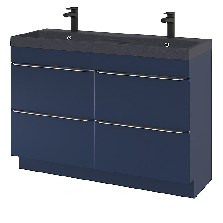 Ensemble salle de bains l.120 cm meuble à poser Imandra bleu nuit mat + plan double vasque résine noir