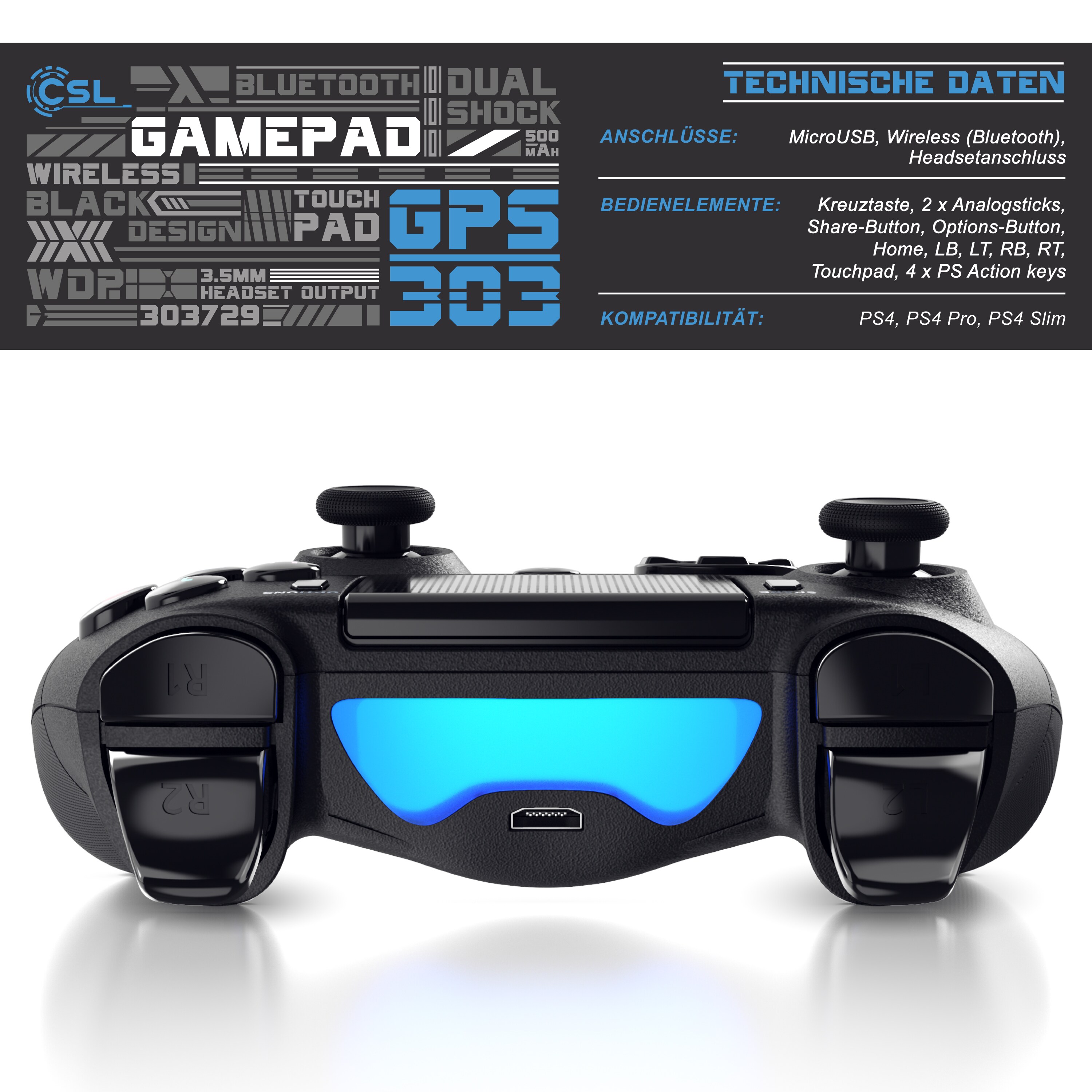 CSL 2x Bluetooth Gamepad Controller mit Dual Vibration für PS4 Touchpad / 3,5mm/ Gyrosensor