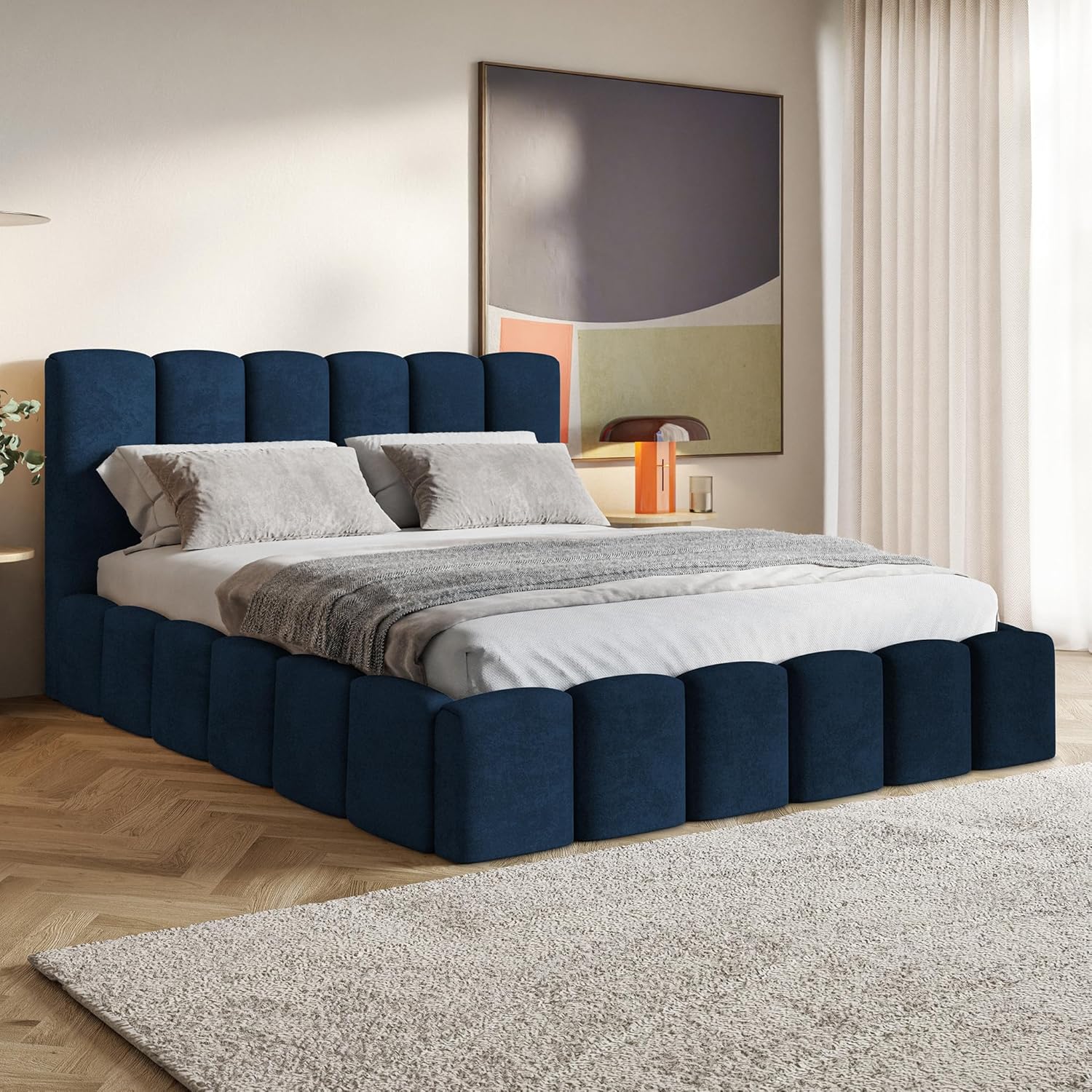 Nunu Bubble Bett 180x200 Blau Samt, mit Stauraum, mit Kopfteil, mit Lattenrost, ohne Füße, ohne Matratze, Bubble Polsterbett 180x200 mit Bettkasten Blau (Dunkelblau)