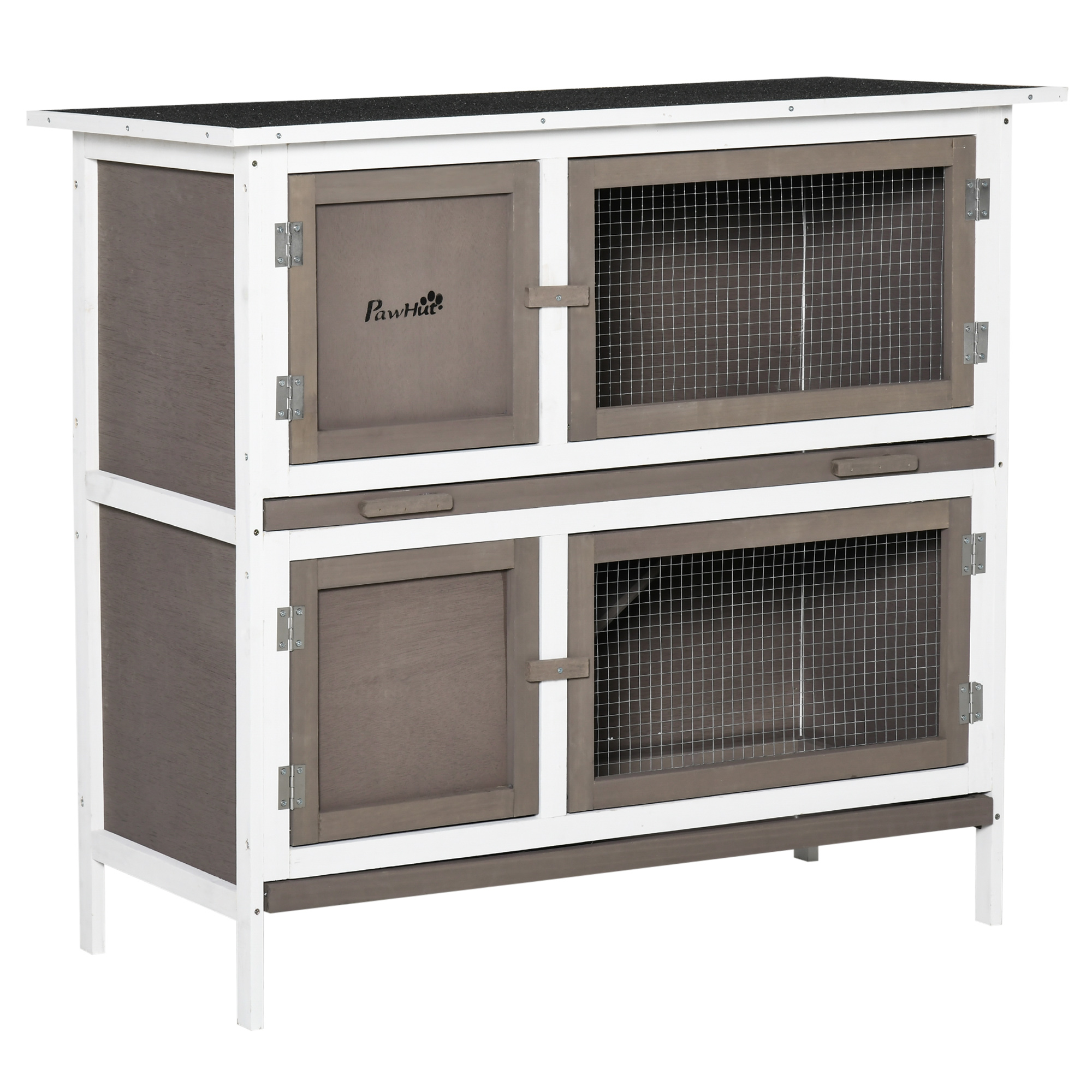 Gaiola de madeira PawHut para coelhos, com 2 andares, 100x47x91 cm, telhado de asfalto, portas com trava, bandejas removíveis e rampa para 2 coelhos, marrom.