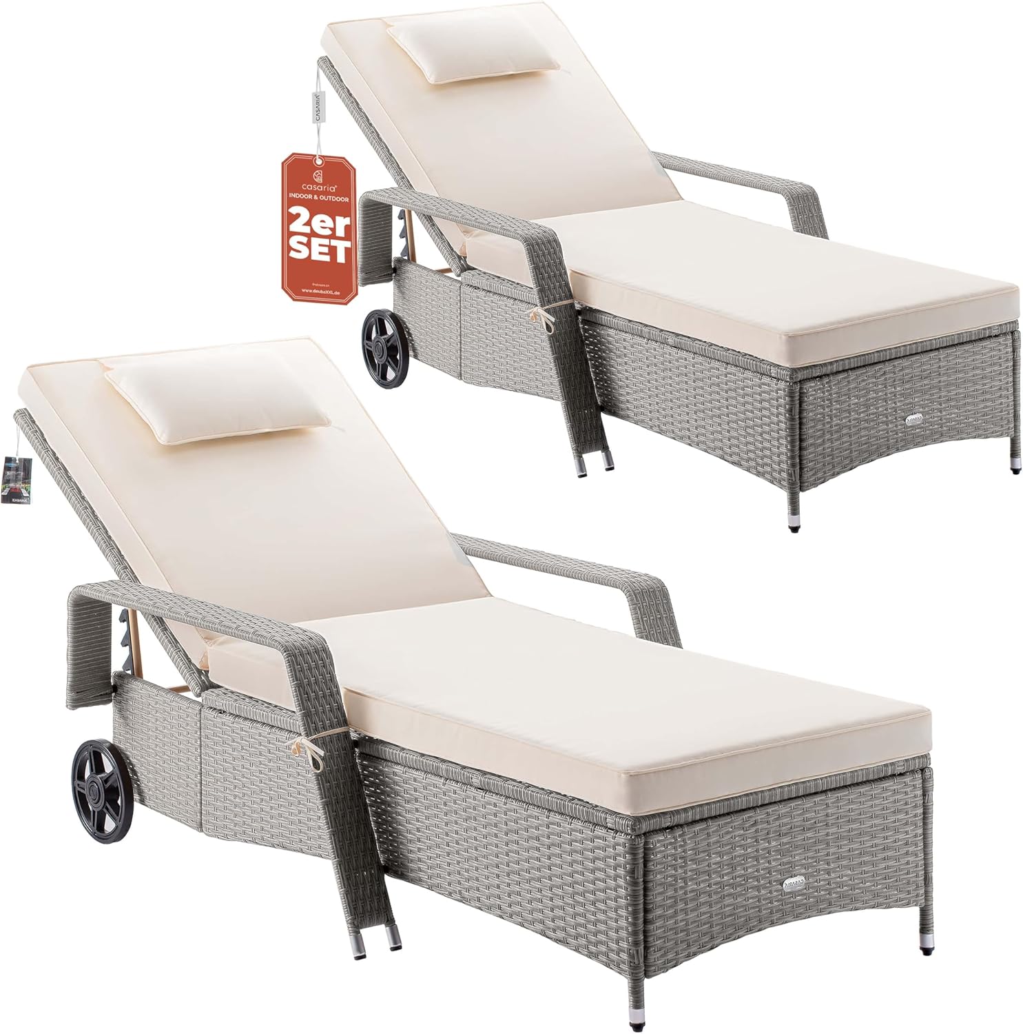 Casaria® Sonnenliege 2er Set mit Rollen 7cm Auflage Extra Breit 90cm Gartenliege Wetterfest 165kg Belastbar Terrasse Balkonmöbel Liegestuhl Creme