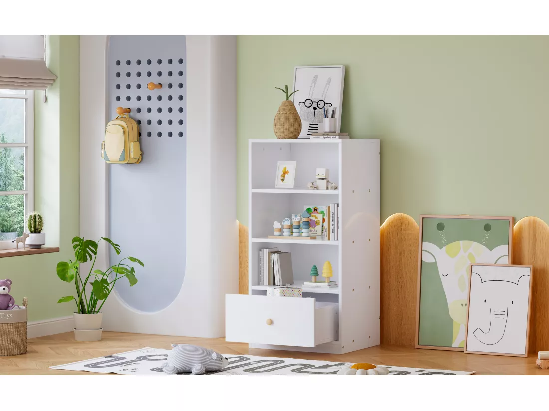Buffet haut, Bibliothèque, étagère avec trois étagères et un tiroir, coulisses silencieuses, pour chambre à coucher, salon, MDF, blanc
