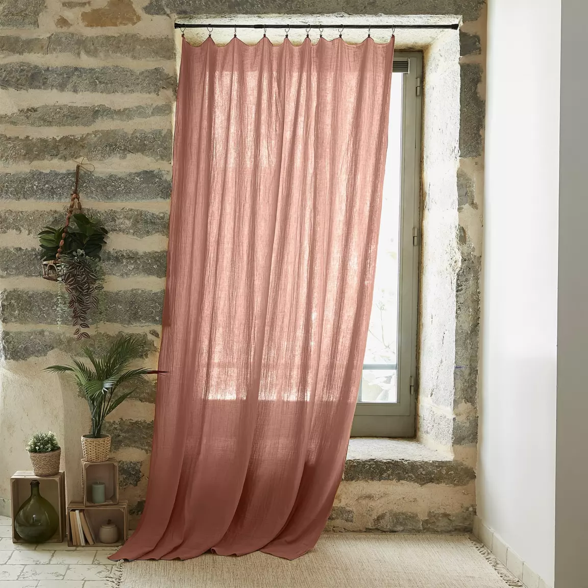 Rideau gaze de coton ajustable (140 x max 300 cm) Gaïa Rose pêche