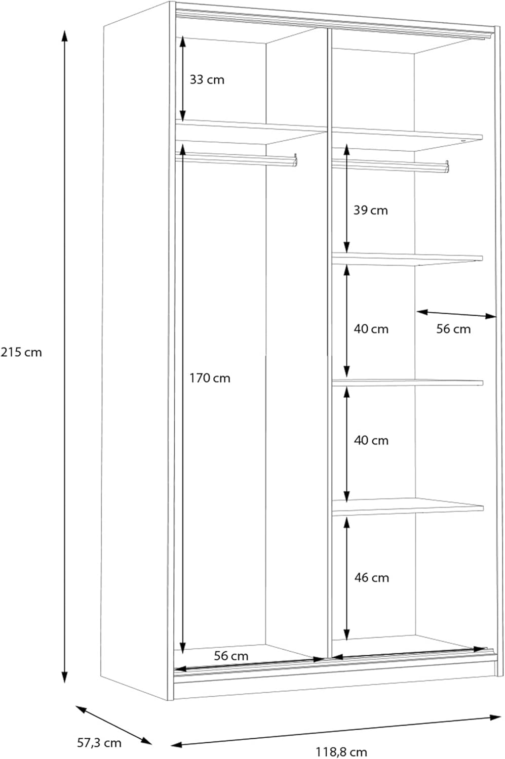 Forte SMARTROOM Kleiderschrank 120, Moderner Schrank mit Zwei Schwebetüren, Holzwerkstoff, Grau/Catania Eiche, 118,8 cm breit, 215 cm hoch, 57,3 cm tief