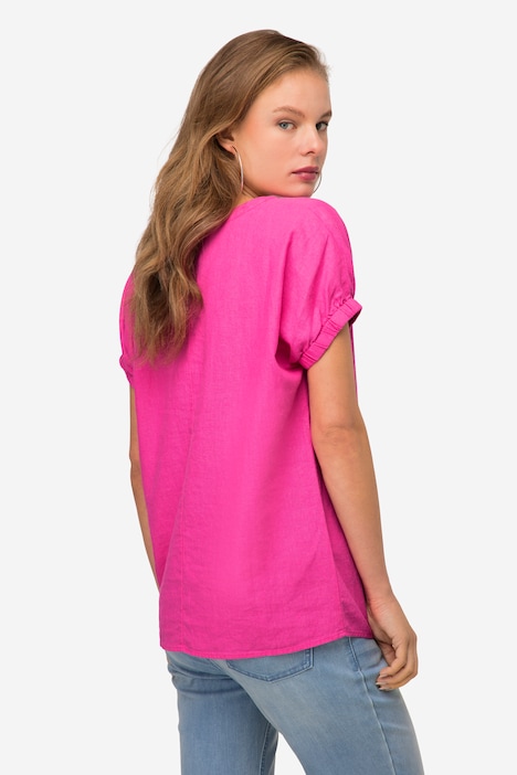 Leinenmix-Bluse, Tunika-Ausschnitt, elastischer Halbarm-Abschluss