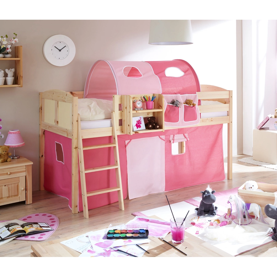 TICAA Hochbett Eric Country Kiefer Natur Classic Rosa-Pink