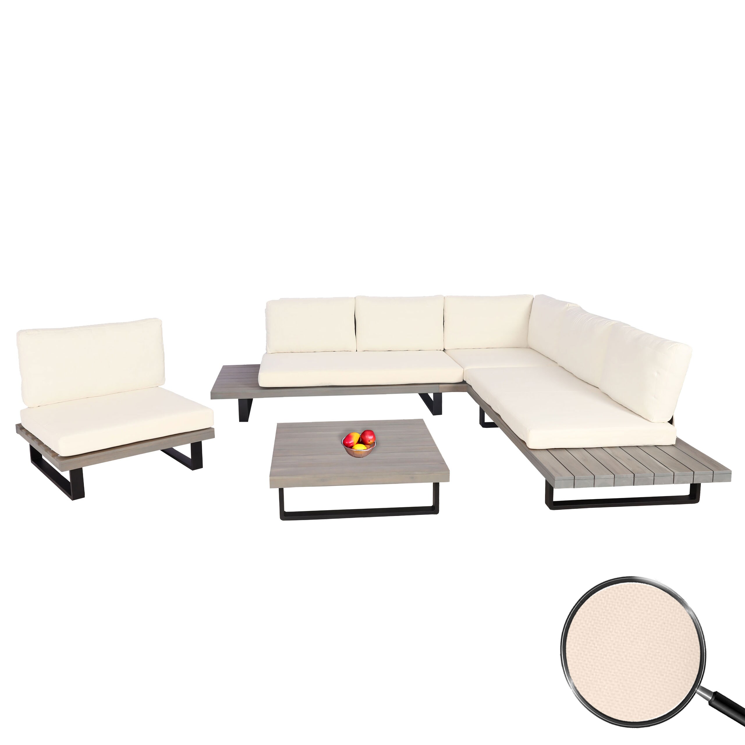 Garten-Garnitur mit Sessel MCW-H54, Lounge-Set Sofa, Spun Poly Akazie Holz MVG Aluminium ~ grau, Polster cremeweiß