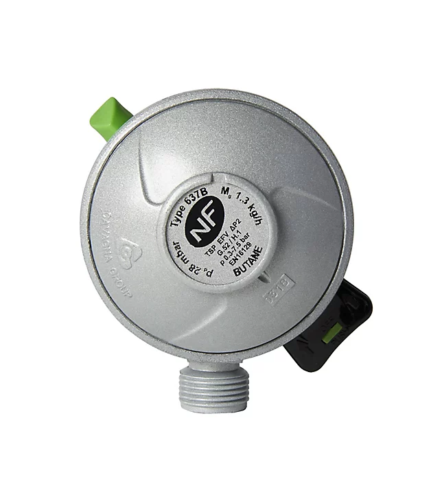 Détendeur sécurité Quick On pour bouteille butane 6-10 kg, ø20 mm, 1.3 kg/h - 28 mb