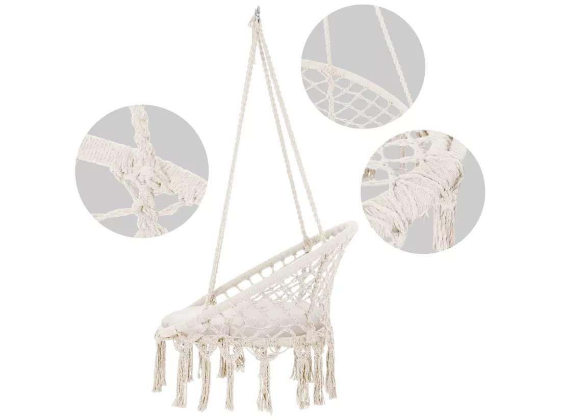 Fauteuil suspendu à franges avec coussin de siège macramé balançoire beige coton