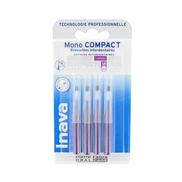 Escovas interdentais Inava Mono Compact Wide Space de 1,8 mm, roxas, pacote com 4 unidades