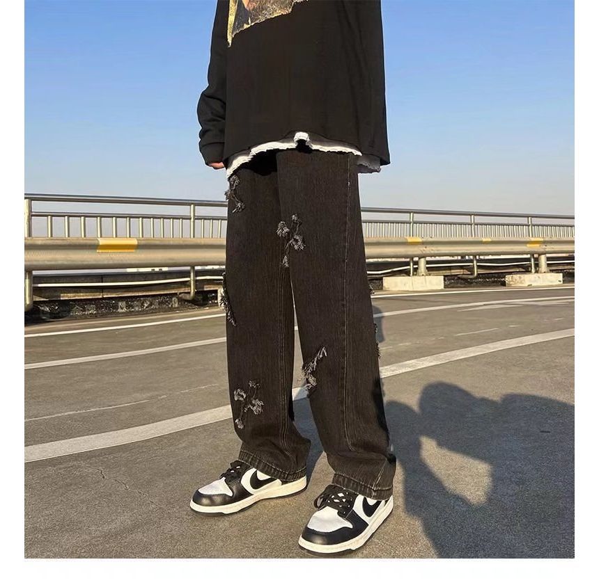 DuckleBeam - High-waist gewassen gescheurde straight-cut jeans