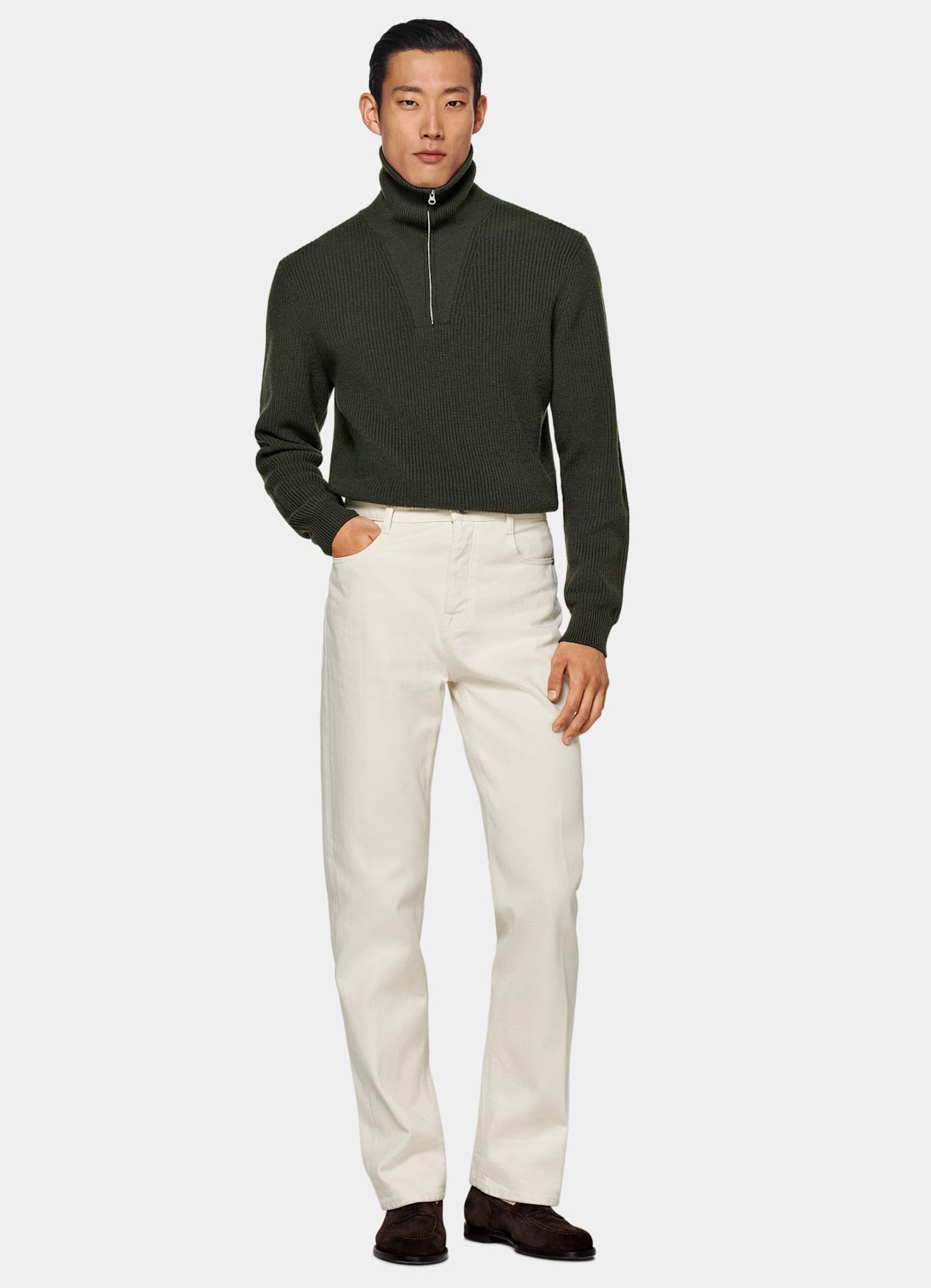 Pull semi-zippé côtelé vert foncé