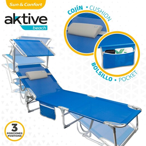 Espreguiçadeira dobrável Aktive Beach com guarda-sol e almofada.