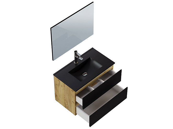 Meuble de salle de bains sous vasque à suspendre l.80 cm noir mat Milenio + plan vasque en résine noire + miroir