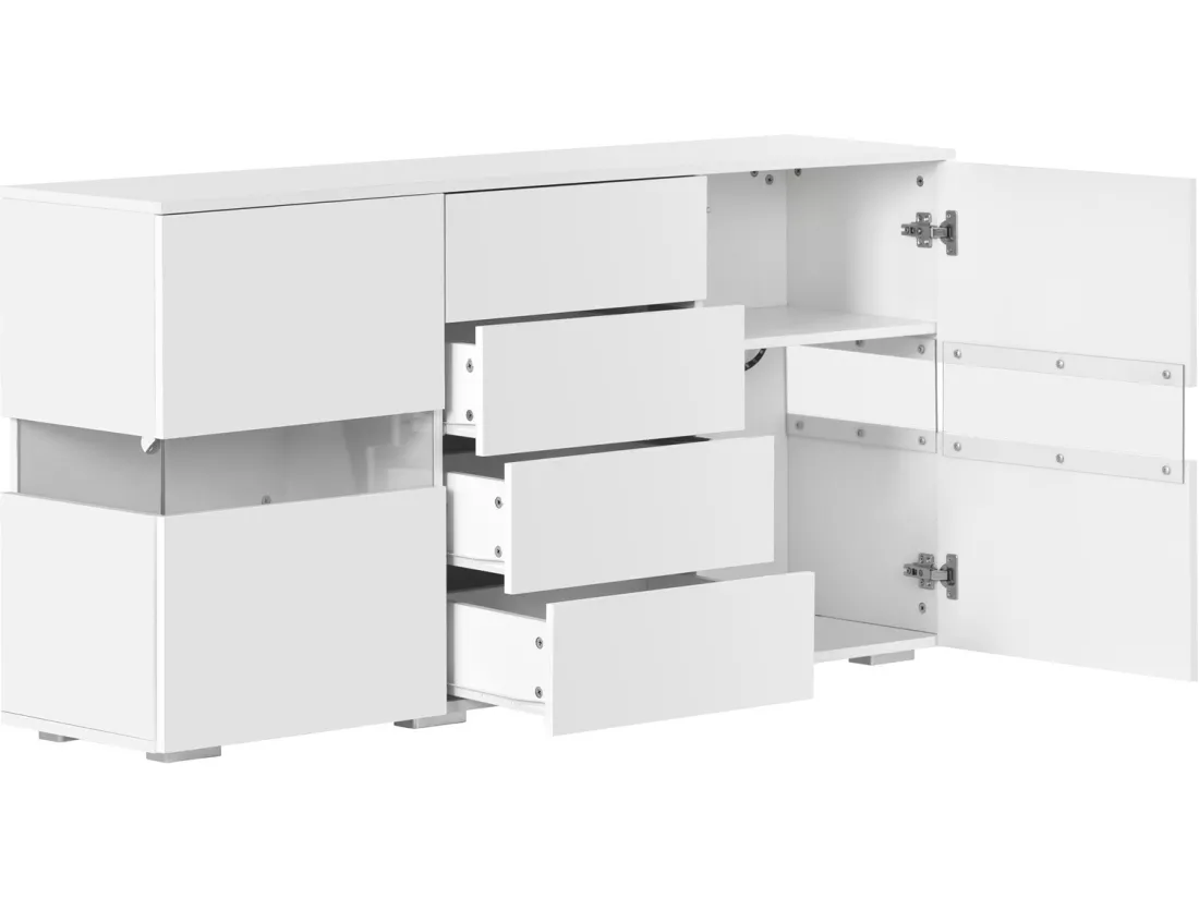 Buffet bas avec LED - 2 portes et 4 tiroirs - blanc