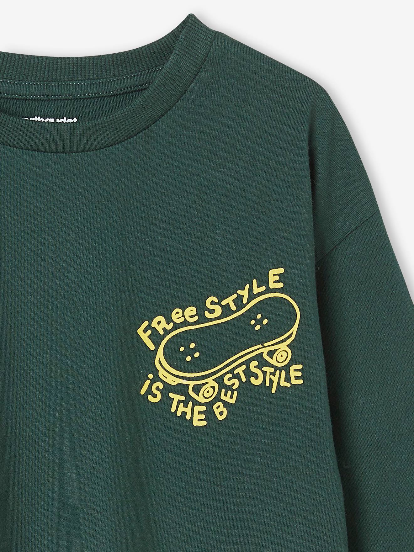 Camiseta de manga comprida com estampa moderna no peito, para meninos, verde pinho.