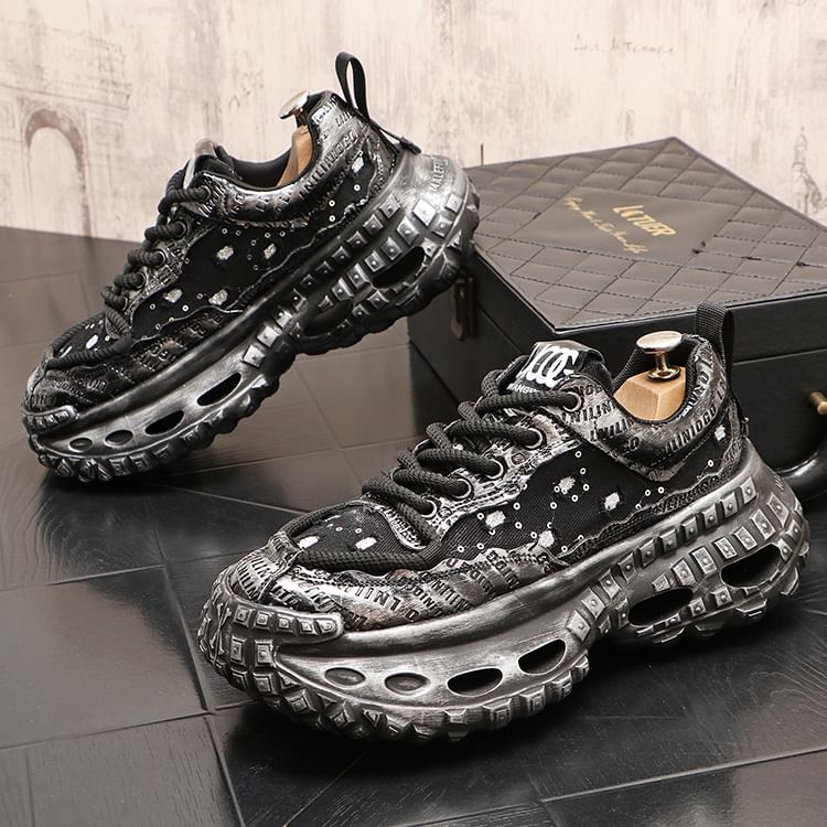 Mr Ozera - Platform Sequin Distressed Lace-Up Sneakers