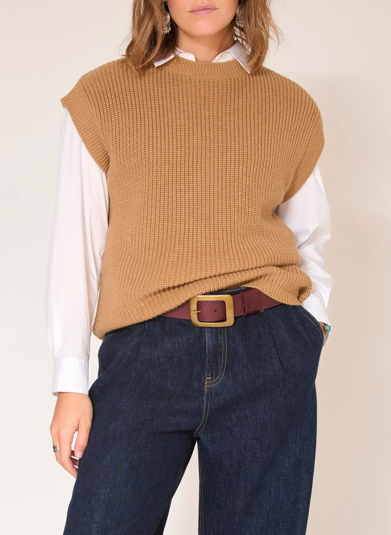 KAVERI - Pull droit col rond en laine et coton | Marron
