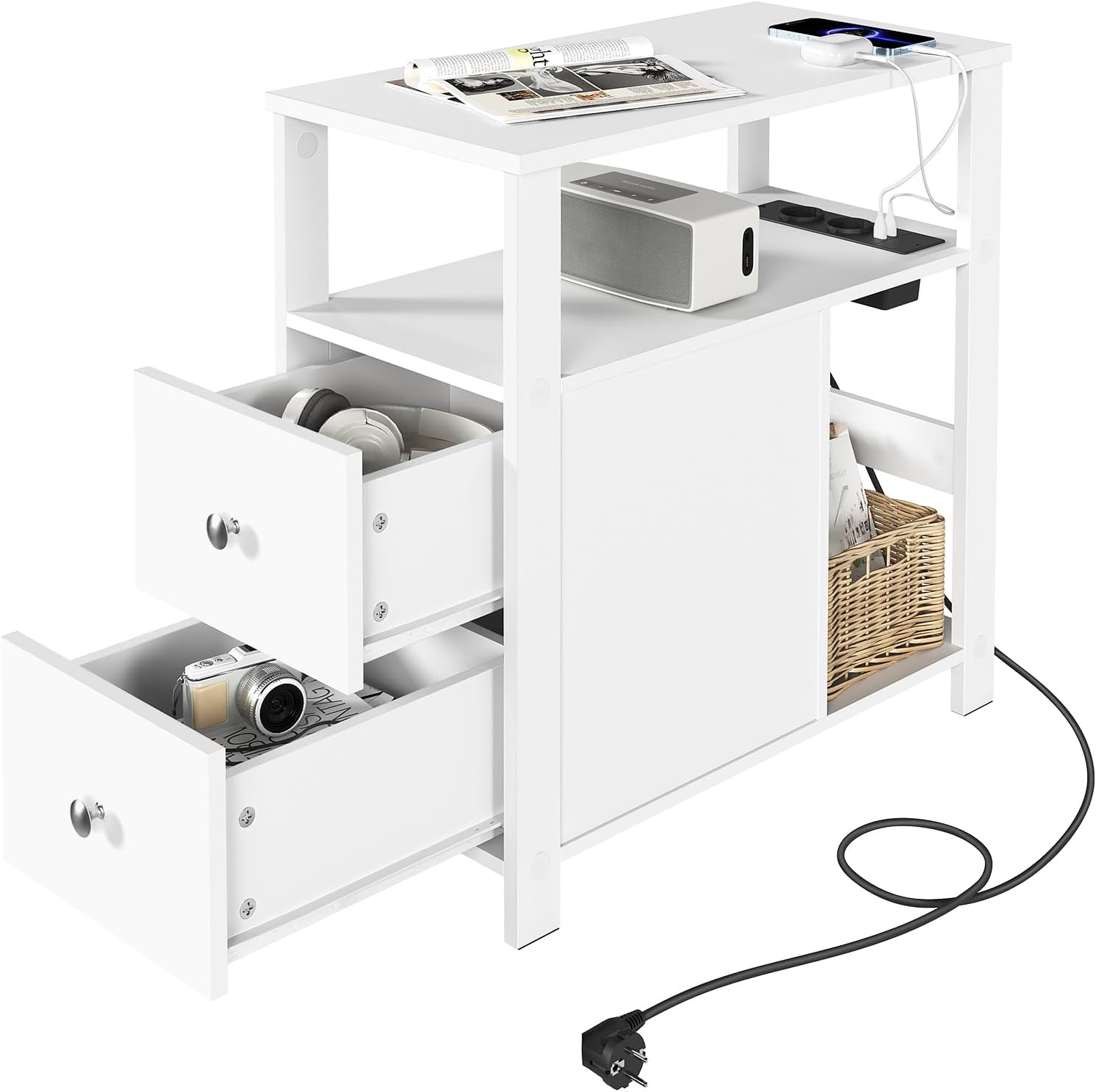WOLTU Beistelltisch mit Steckdose, Nachttisch mit Ladefunktion, Sofatisch schmal, mit 2 Schubladen 2 Ablagen 1 Fach, für Wohnzimmer Schlafzimmer, 60x60x30 cm, Weiß, BTS28ws