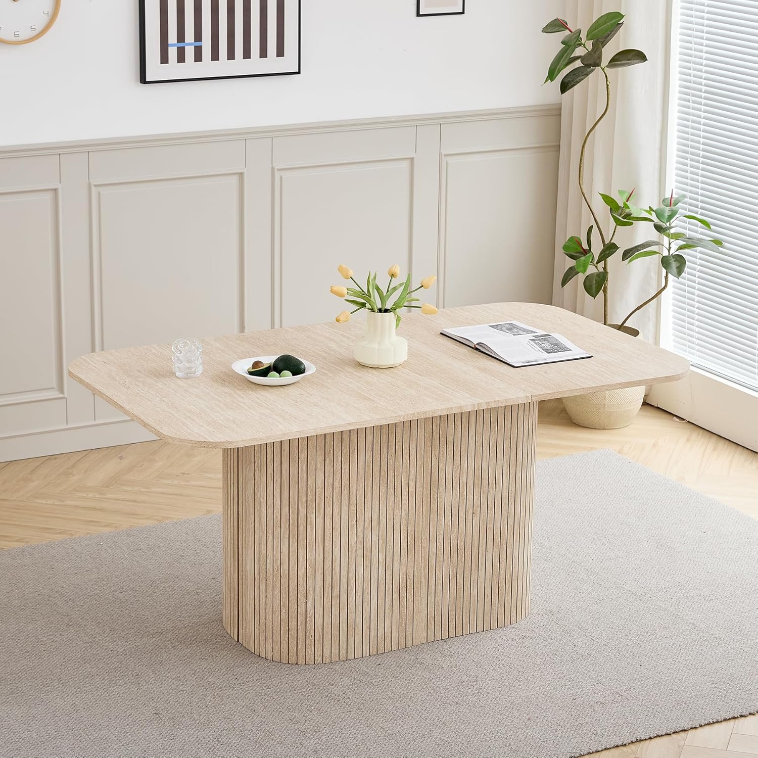 Moderner Esstisch für 4–6 Personen, 160cm Rechteckiger Küchentisch (Travertin-Maserung) mit Schwerem Säulenfuß für Wohnzimmer, Küche, Wohnung, Gelb