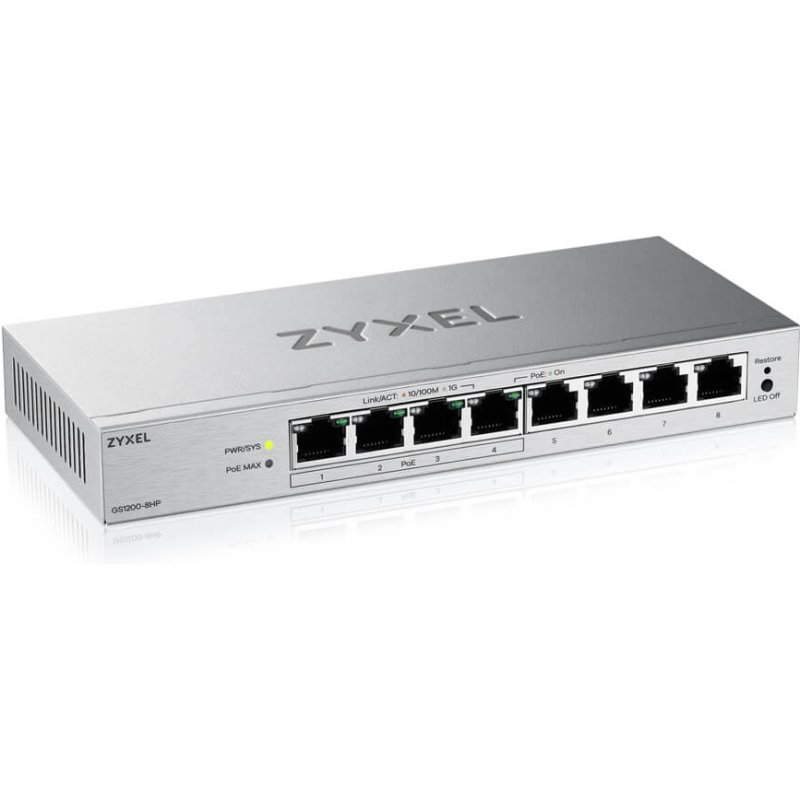 Zyxel GS1200-8HPV3 Géré L2 Gigabit Ethernet (10/100/1000) Connexion Ethernet, supportant l'alimentation via ce port (PoE) Bureau Gris