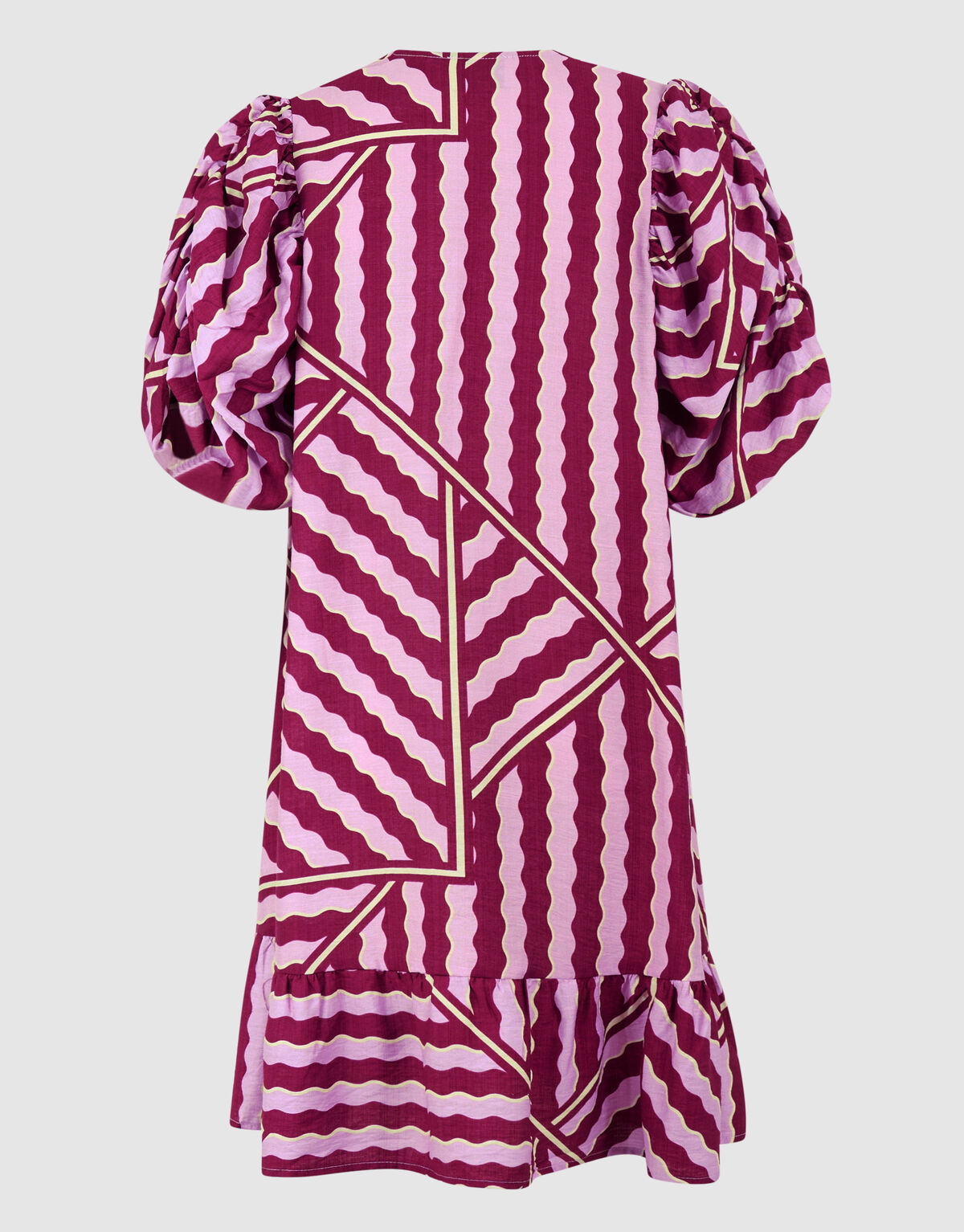 Wavy Printed Puffy Sleeve Mini Jurk Roze/Paars