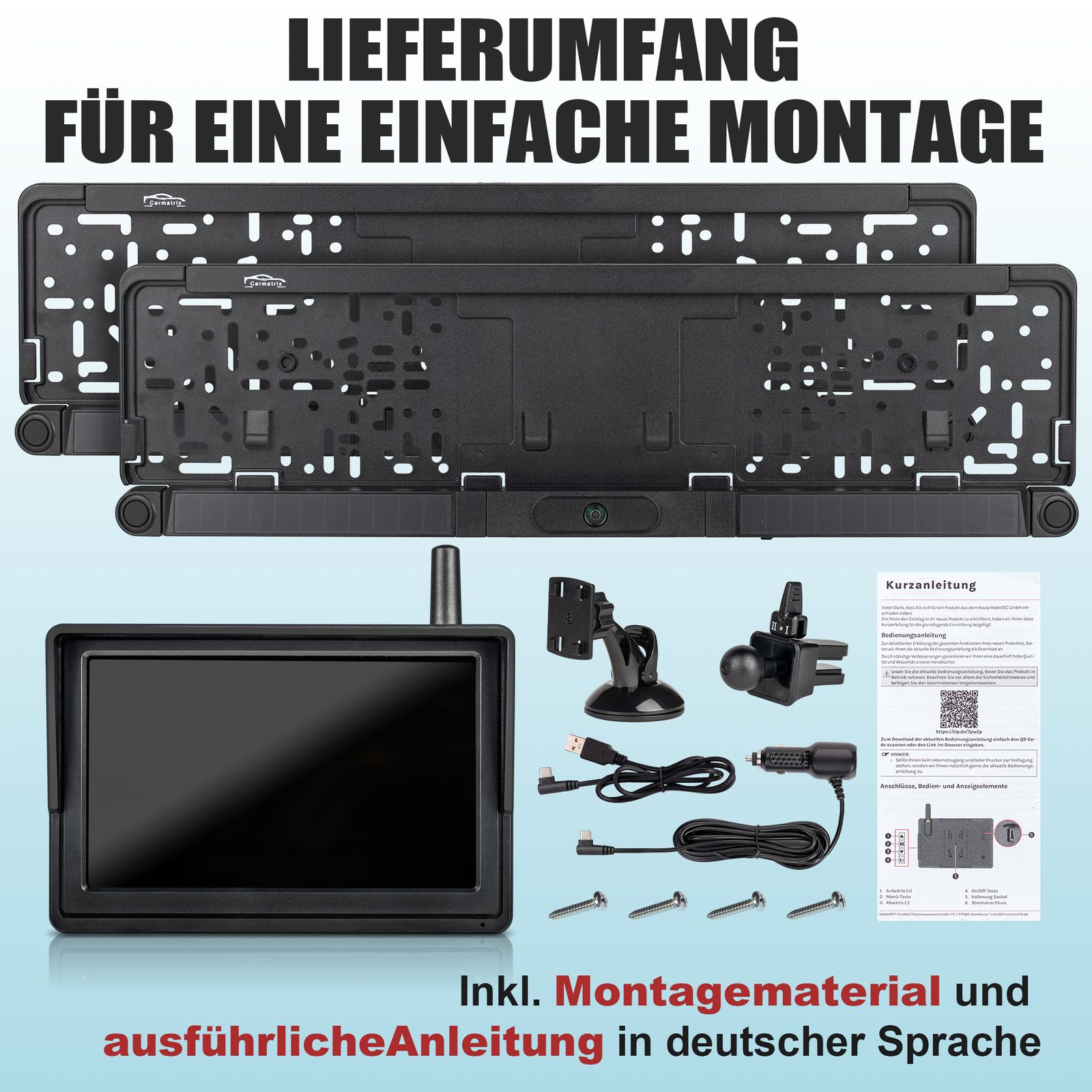 CARMATRIX Duo Solar Rückfahrsystem HD Rückfahrkamera im Nummernschild mit PDC Sensoren für Vorne und Hinten