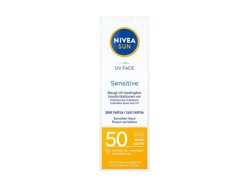 NIVEA SUN Sonnencreme UV Face Sensitive LSF 50 50 ml Feuchtigkeitsspendender Sonnenschutz für sensible Haut