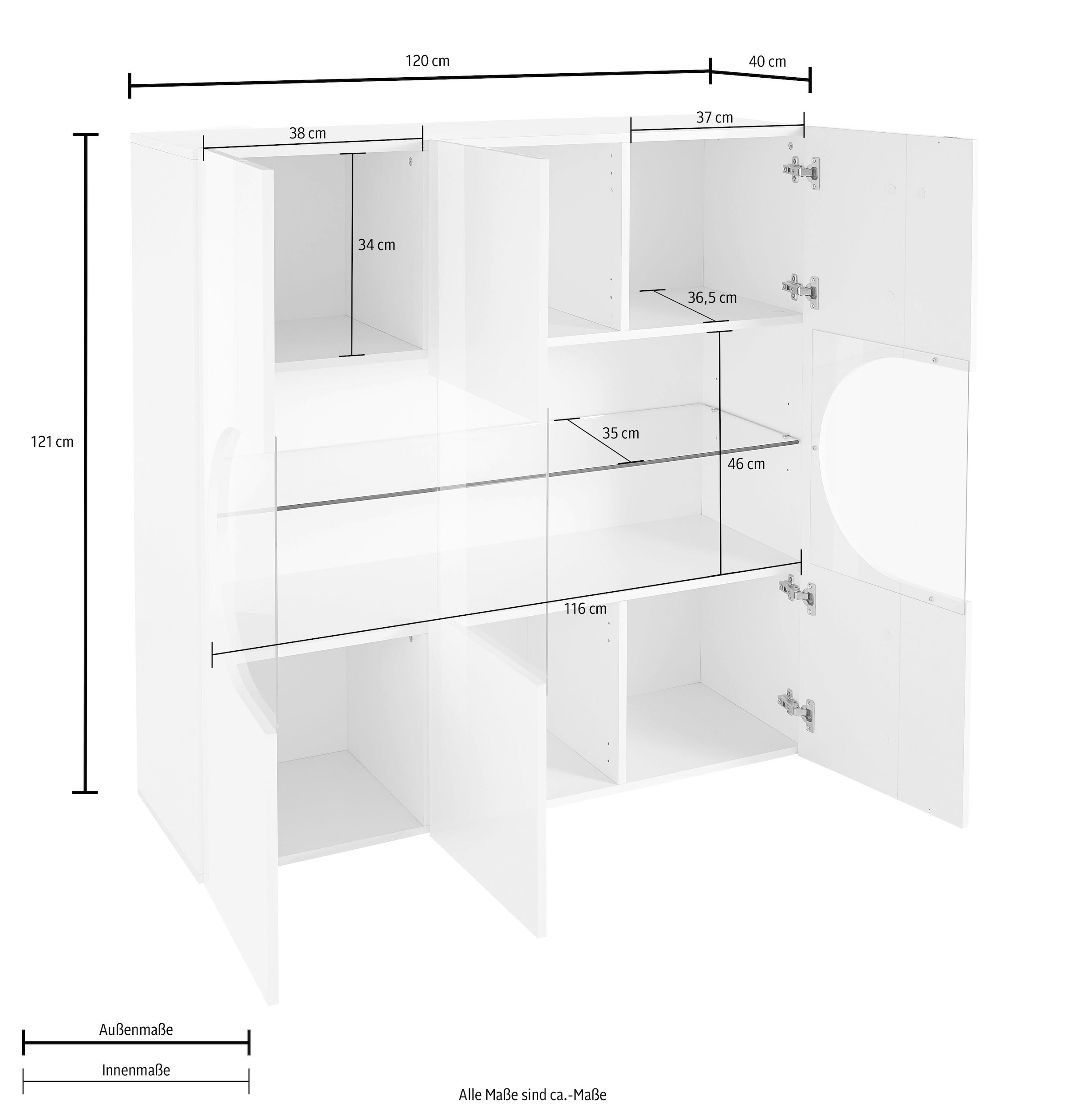 INOSIGN Highboard »Real,Highboard,Kommode,Schrank mit 3 Türen,komplett hochglanz lackiert« mit 3 Türen, davon 2 aus Glas, mit einer grossen Glasablage, Höhe 121