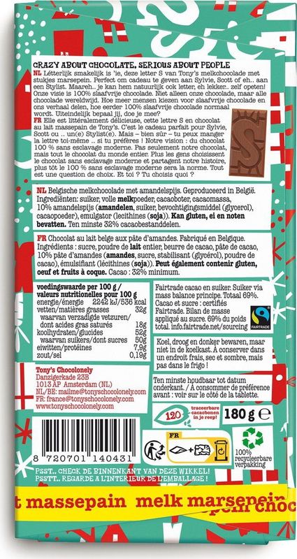 Tony's Chocolonely - Chocolade Letter S - Melk Marsepein Chocoladeletter - 180 Gram Fairtrade Belgische Chocola