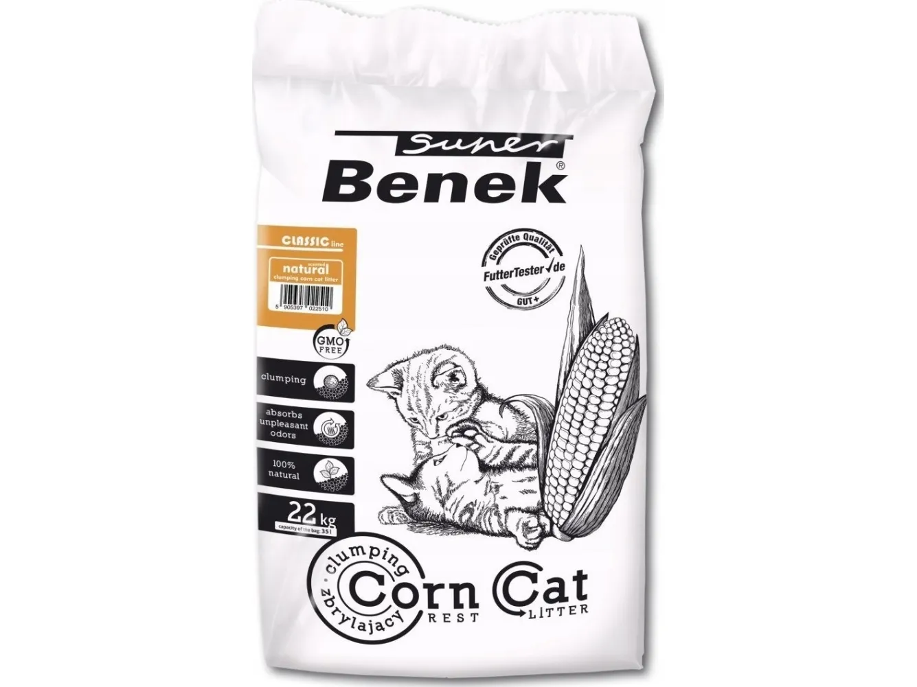 SUPER BENEK Corn Classic Kattegrus af majs Naturlig, Klumpning 35 l