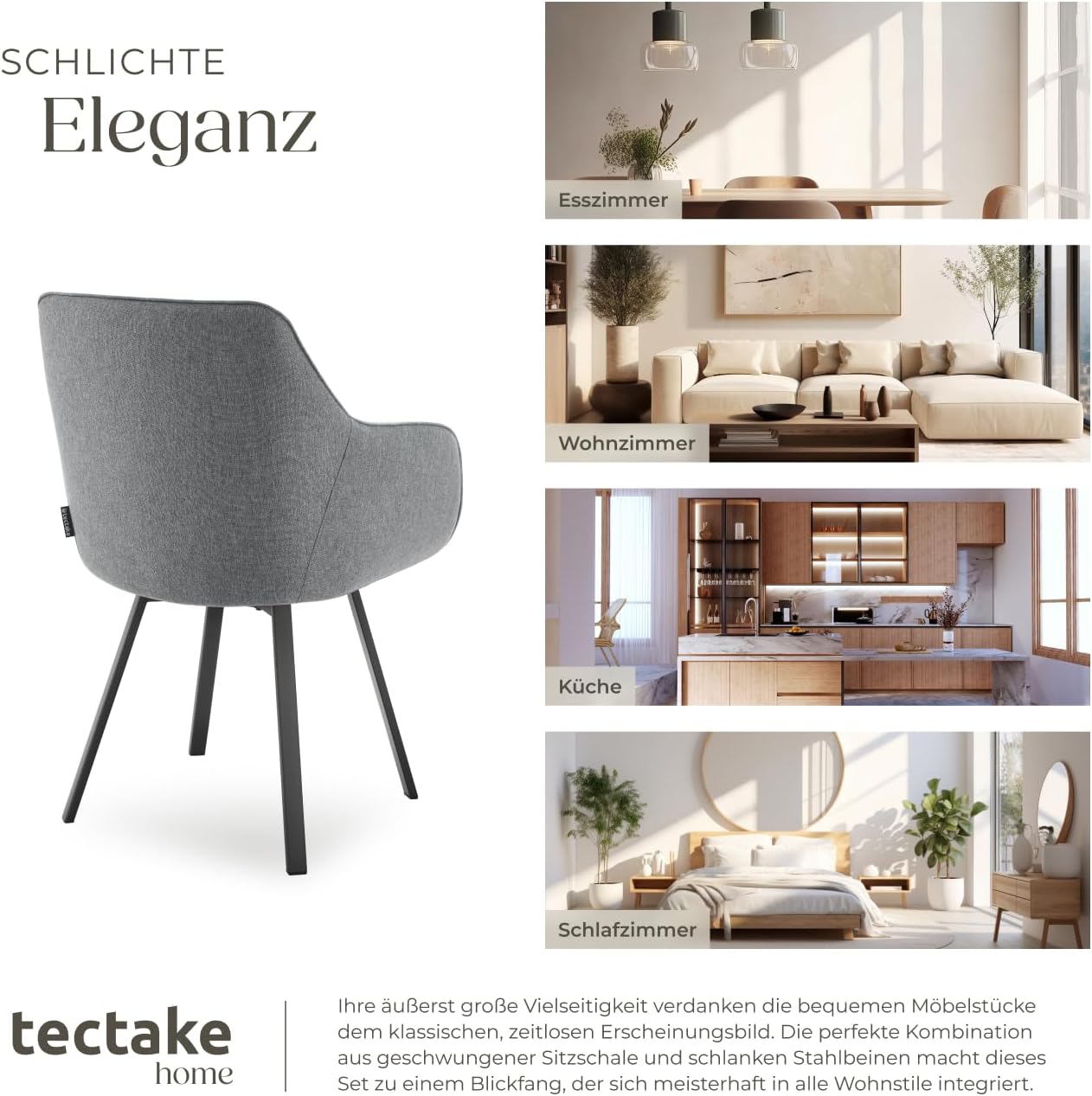 tectake® 6er Set Stuhl drehbar, Esszimmerstühle mit Armlehne, Küchenstühle, Stühle Esszimmer, Drehstühle für Dining Lounge, Esstisch, Schminktisch, Armlehnstuhl, Esszimmermöbel - anthrazit