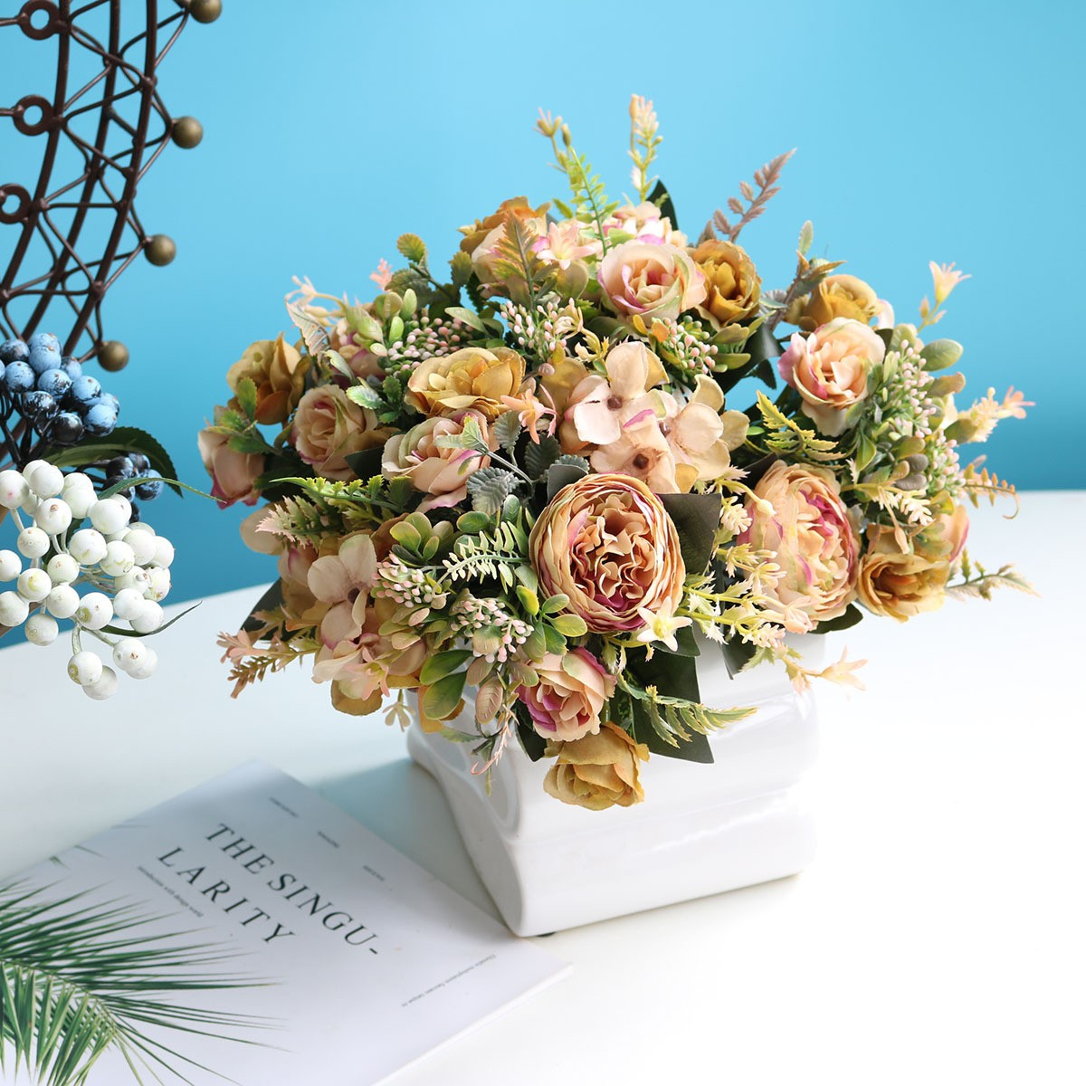 (30cm) Deko Kunstblumen Pfingstrosen Blumenstrauss - Rosa / Gelb