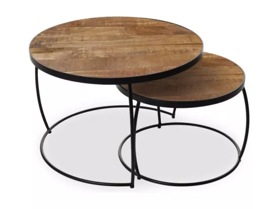 Table basse gigogne ronde en bois massif exotique collection LARSON. Meuble style industriel