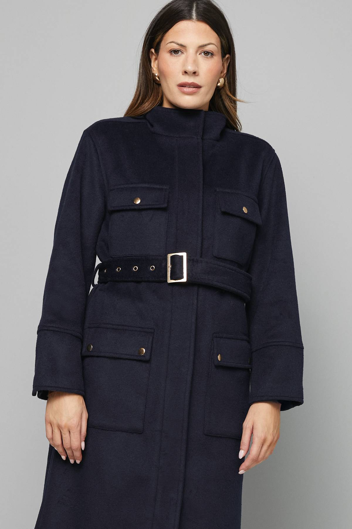 Wallis Manteau Militaire Ceinturé à Col Structuré avec Boutonnage
