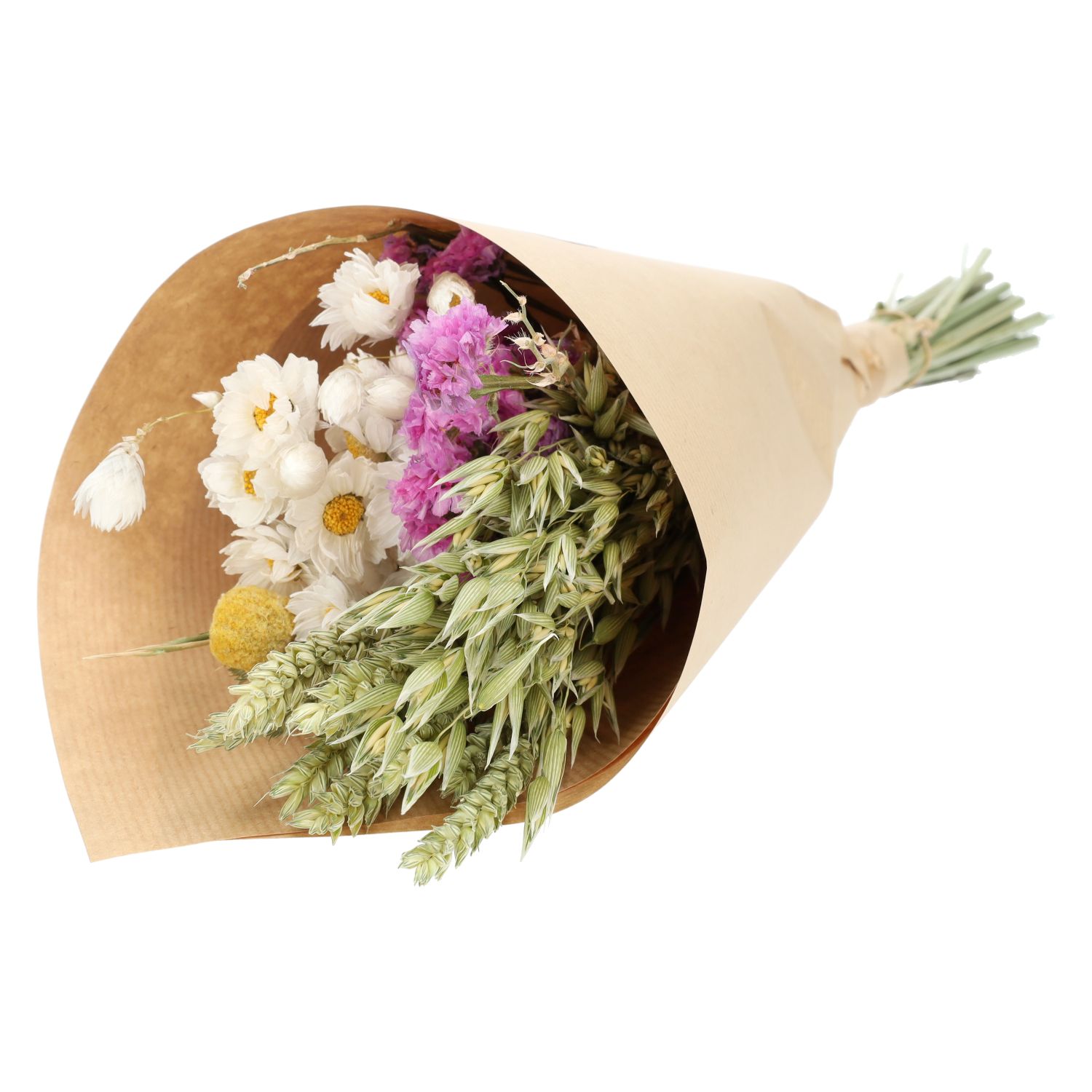 Droogbloemen, kegelboeket, roze/geel