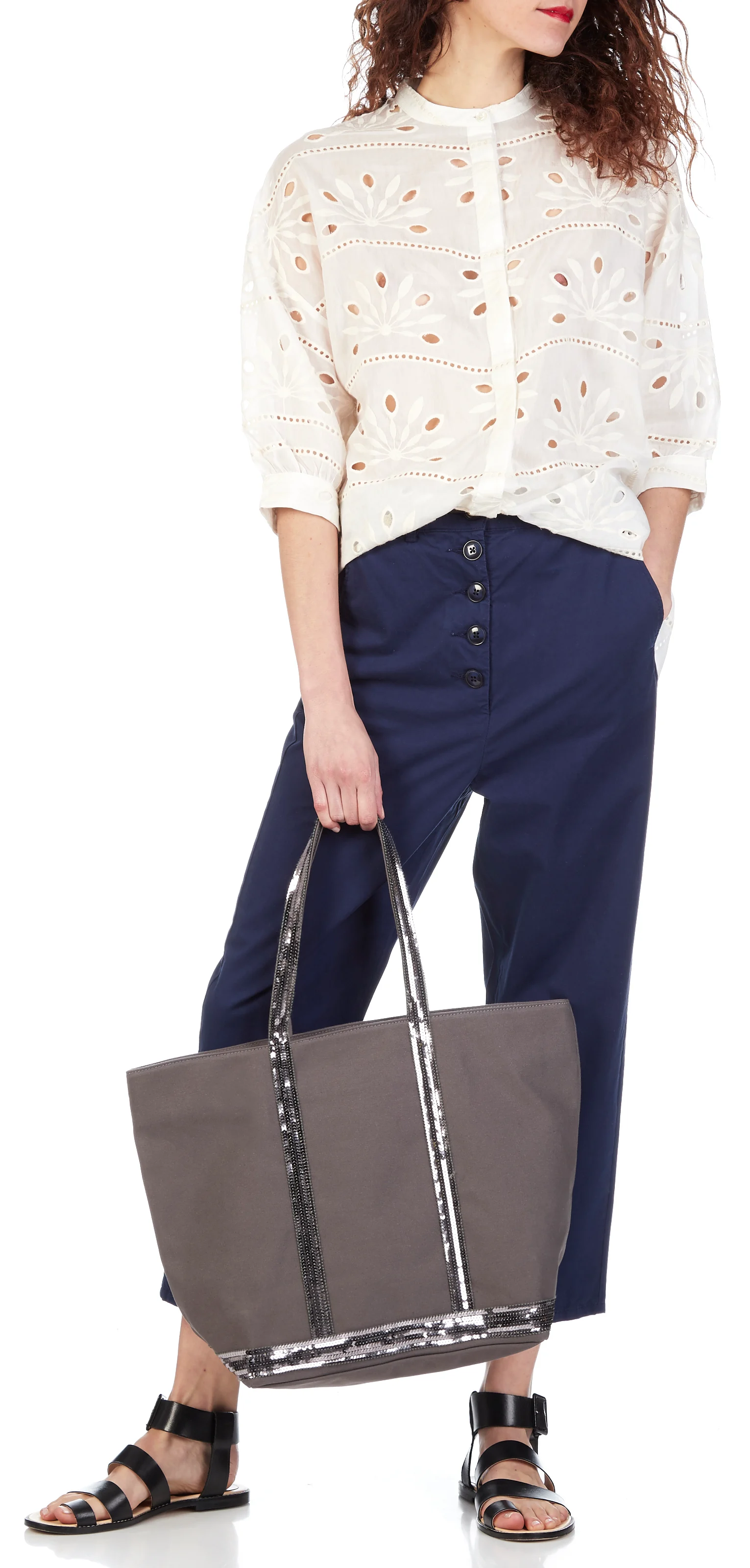 Cabas L à sequins en toile de coton| Gris