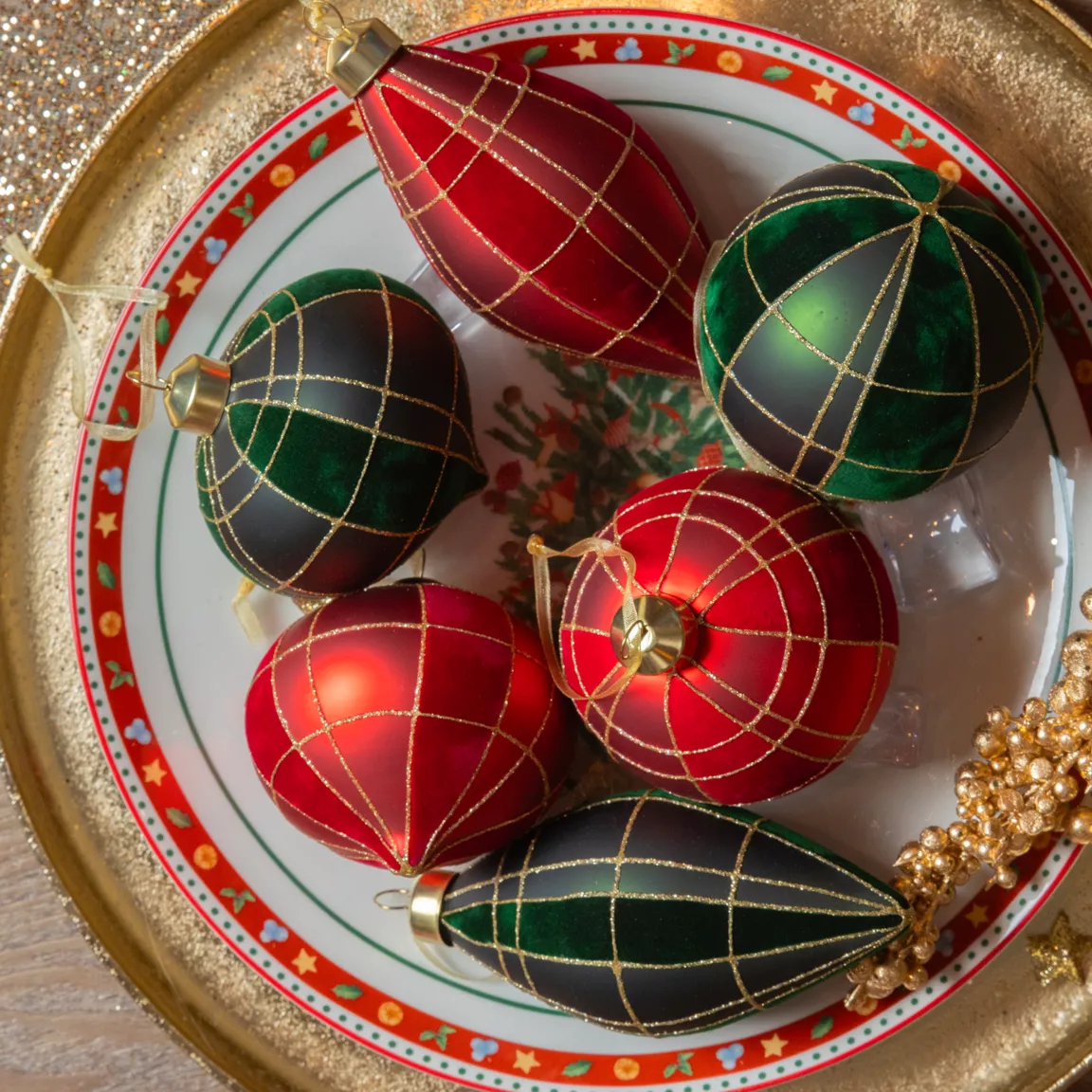 Lot de 12 suspensions de Noël en verre (D80 mm) Velours Rouge et vert