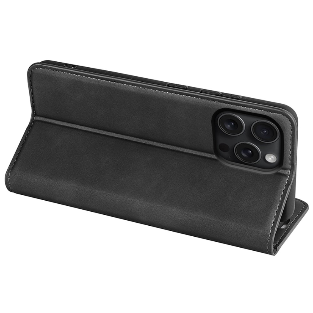 iPhone 16 Pro Vintage Leder Tasche Flip Cover Fashion Design - Schwarz