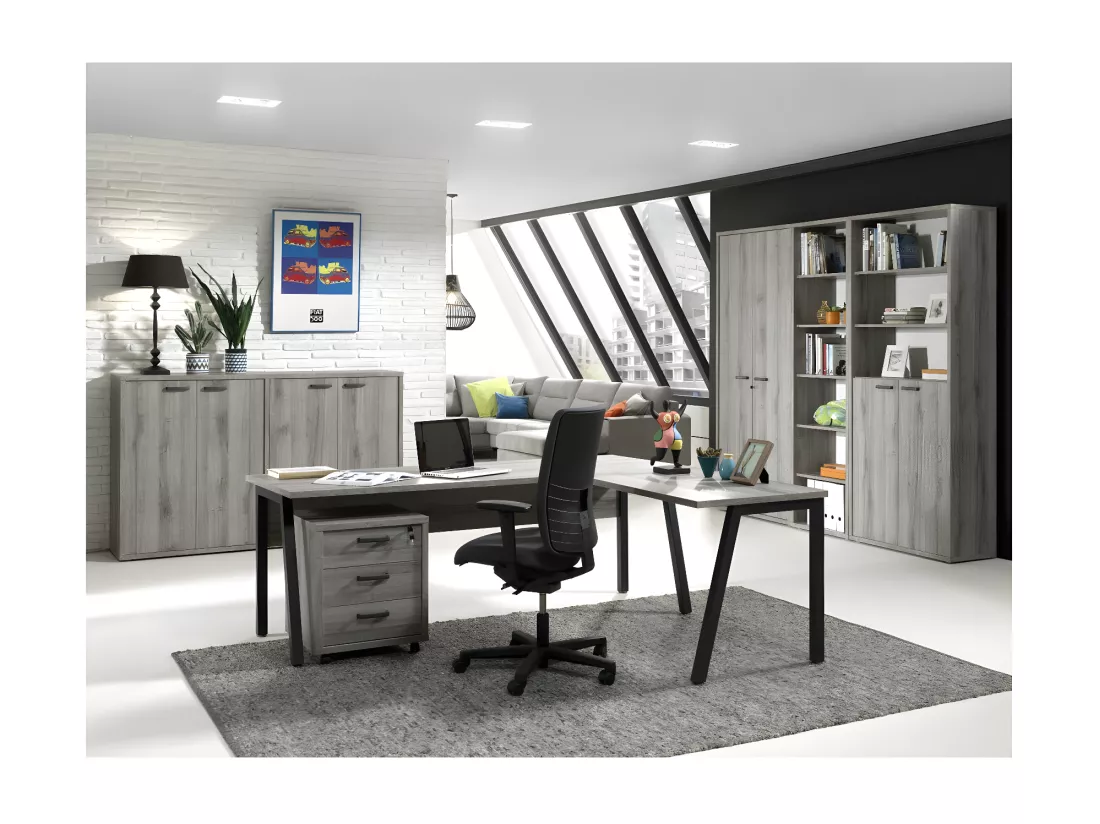 Rangement Bureau - Meuble 2 Portes coloris Noir et Chêne vieilli | Collection SOON | Meublorama