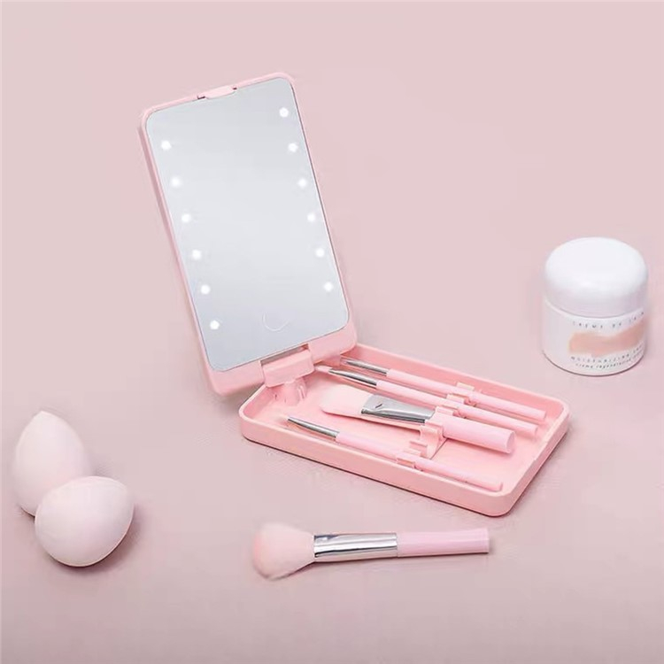(6-tlg. Set) Reise Make Up Pinsel USB LED Taschen Schminkspiegel mit Touch Sensor - Schwarz
