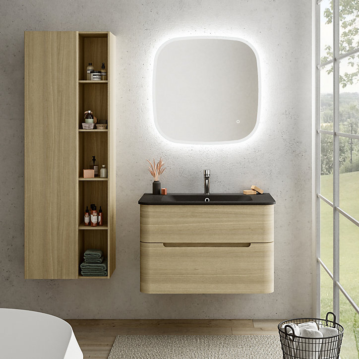 Ensemble salle de bains L. 84 cm meuble sous vasque décor chêne clair + plan vasque noir mat Alba