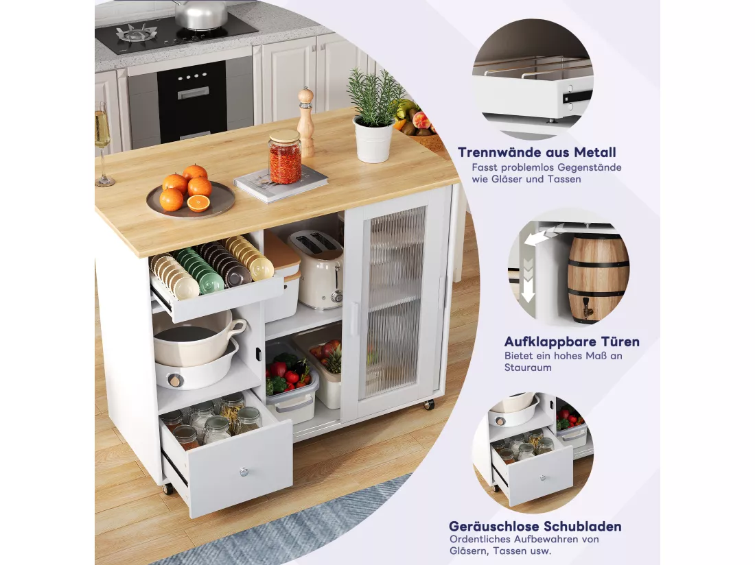 Ilot central de cuisine mobile avec 2 portes coulissantes, 1 tiroir et casier à vin - plateau extensible - 112x46/69x91 cm - MDF - Blanc