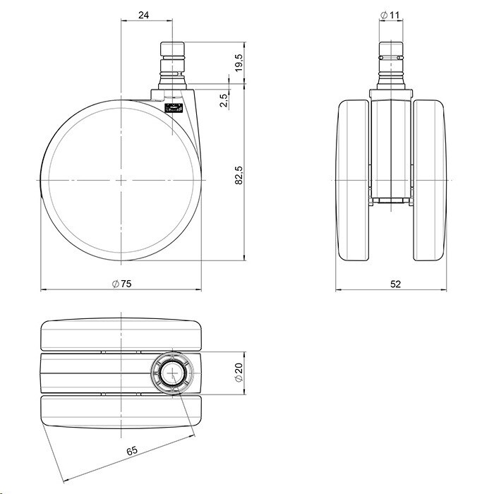 Stuhlrollen 5x ROLO No-Noise 11mm/75mm Metall, Kunststoff hjh OFFICE