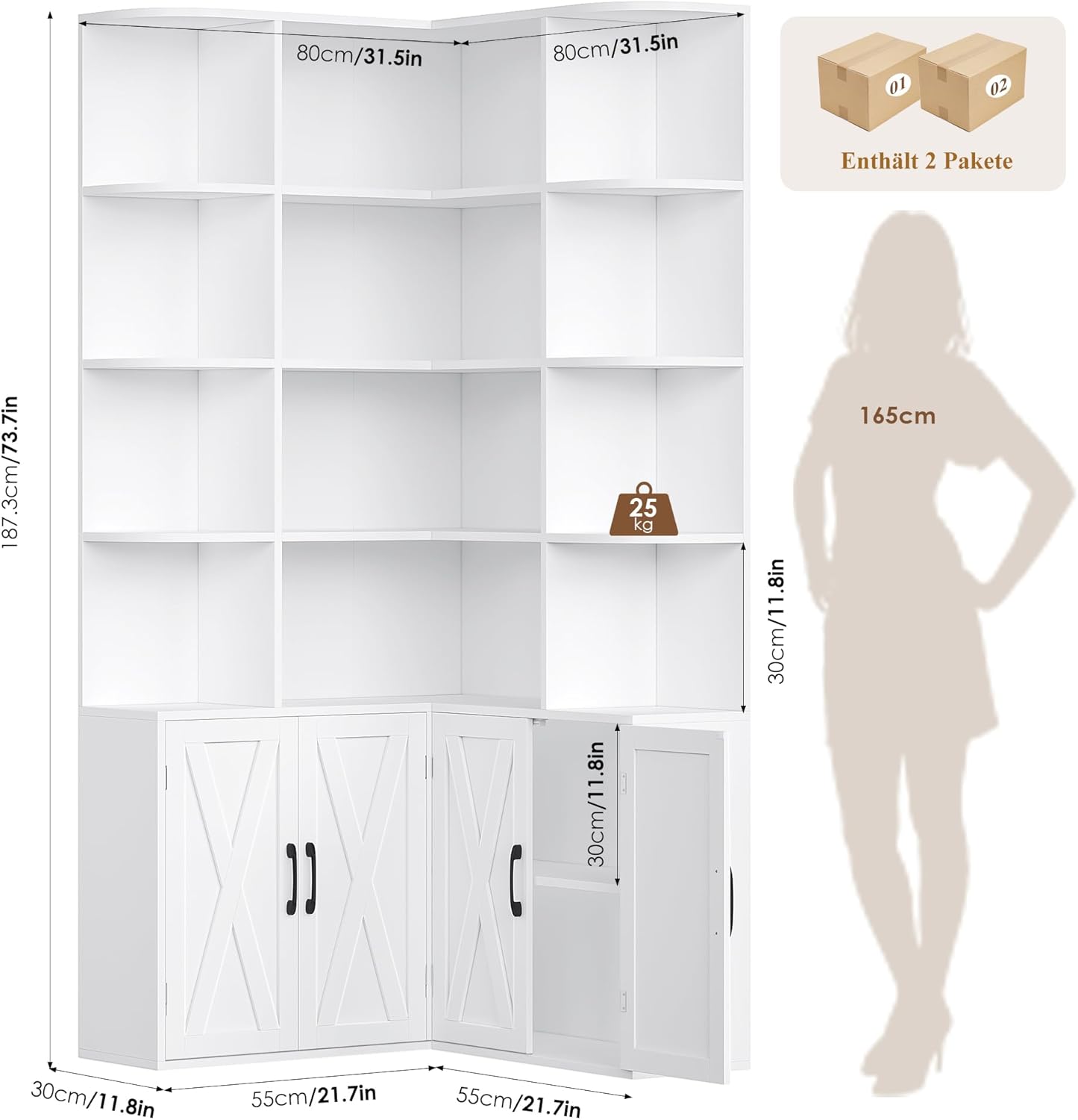 FirFurd 187cm Bücherregal mit Türen Eckregal mit 12 Fächern L-förmiger Bücherschrank Vitrinenschrank aus Holz Hochschrank Regal mit Türen für Wohnzimmer Arbeitszimmer Büro Küche 187 x 80 x 80cm Weiß
