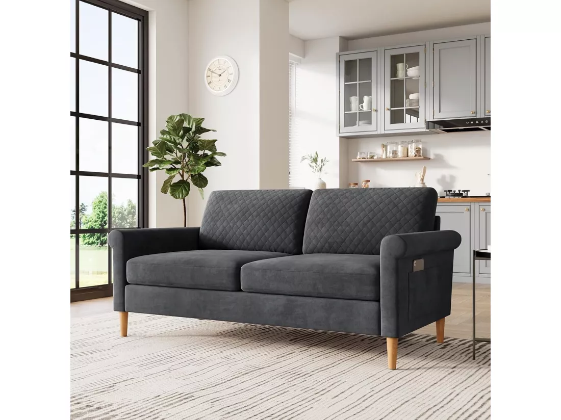Canapé 2 places confort assise profonde en velours, pieds en bois, 164x76x85cm, Gris