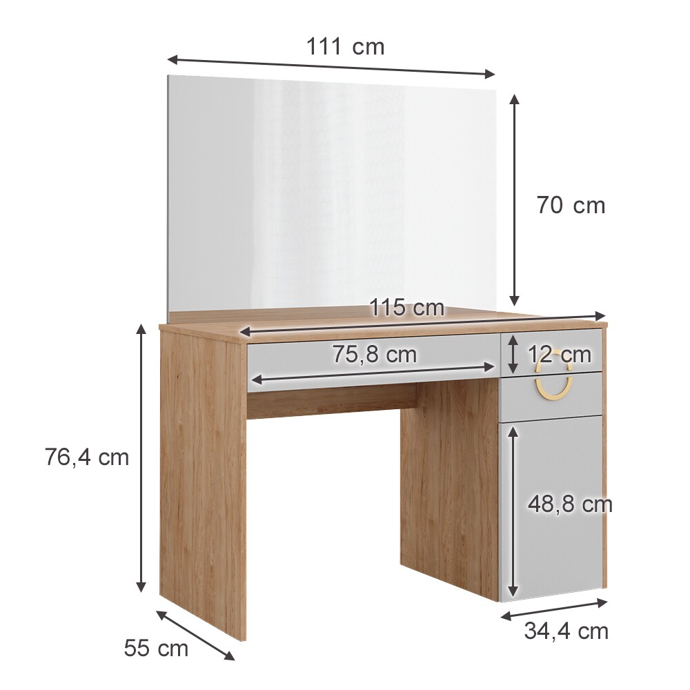 Vicco Schminktisch Adela Natural Rockford Hickory Weiß, 115 x 76 cm mit Spiegel