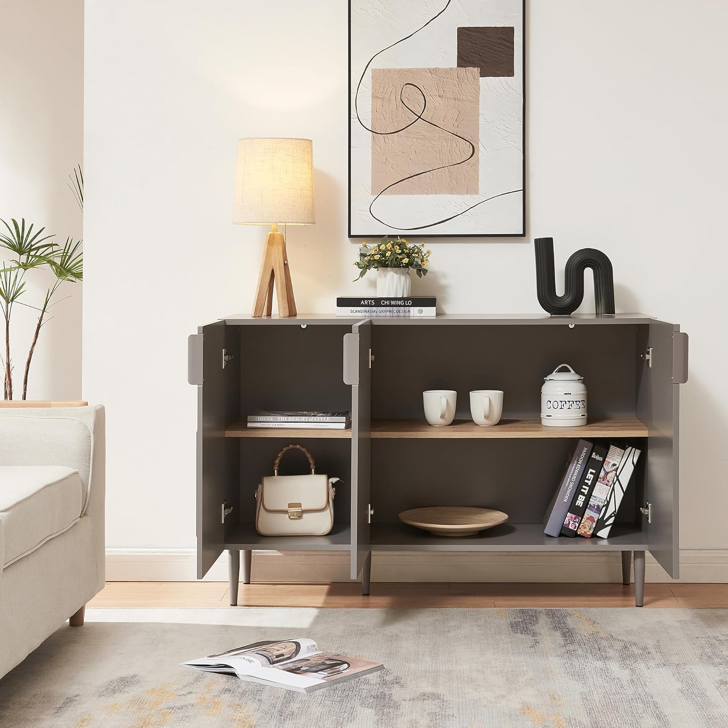 [en.casa] Sideboard Starvili Kommode mit 3 Türen Mehrzweckschrank 75 x 115 x 38 cm Wohnzimmerschrank Buffetschrank Metallbeine Grau