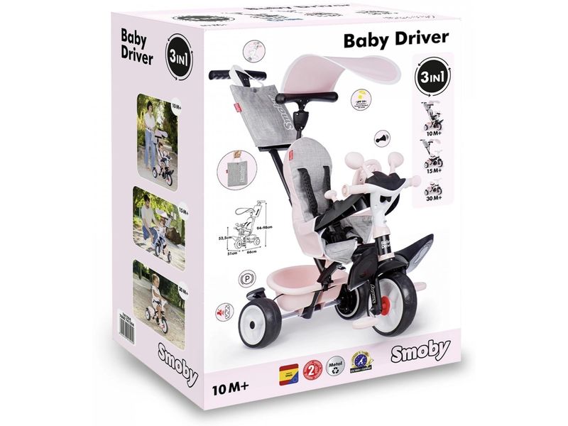 Smoby Dreirad Baby Driver Rosa 3-in-1 Dreirad mit Sicherheitsfunktionen